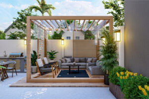 Patio mediano con pequeña pérgola y zona de descanso, diseño exterior funcional y acogedor