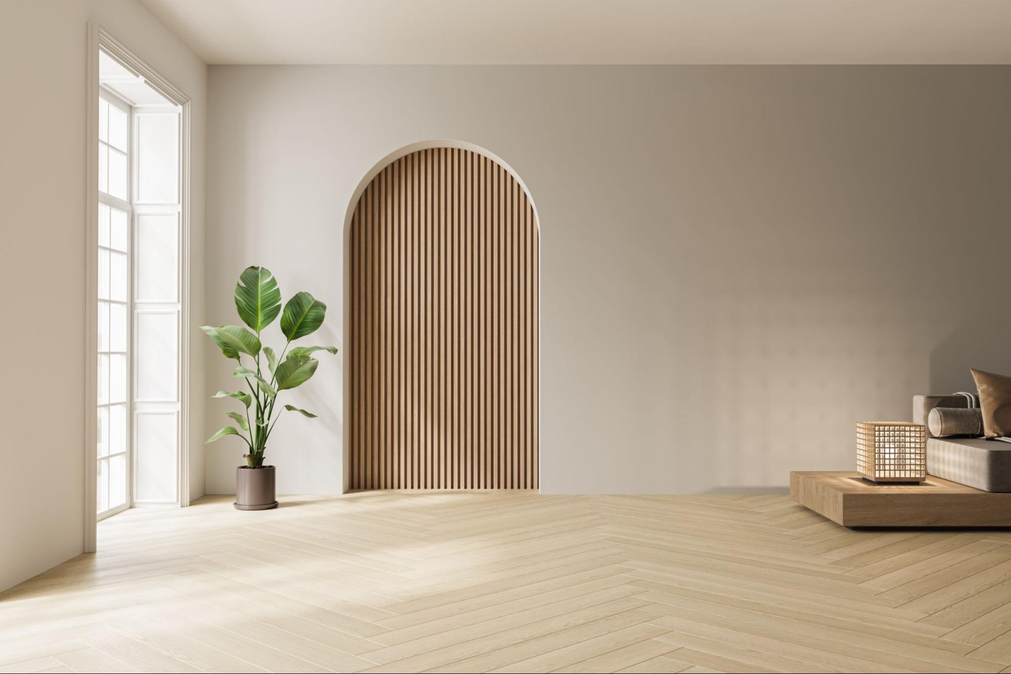 Interior minimalista con tonos neutros beige, arena y gris claro.